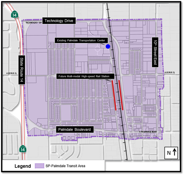 Map showing Palmdale transit area. Basically a square from State Route 14 east to 10th Street and Technology Drive south to Palmdale Boulevard.