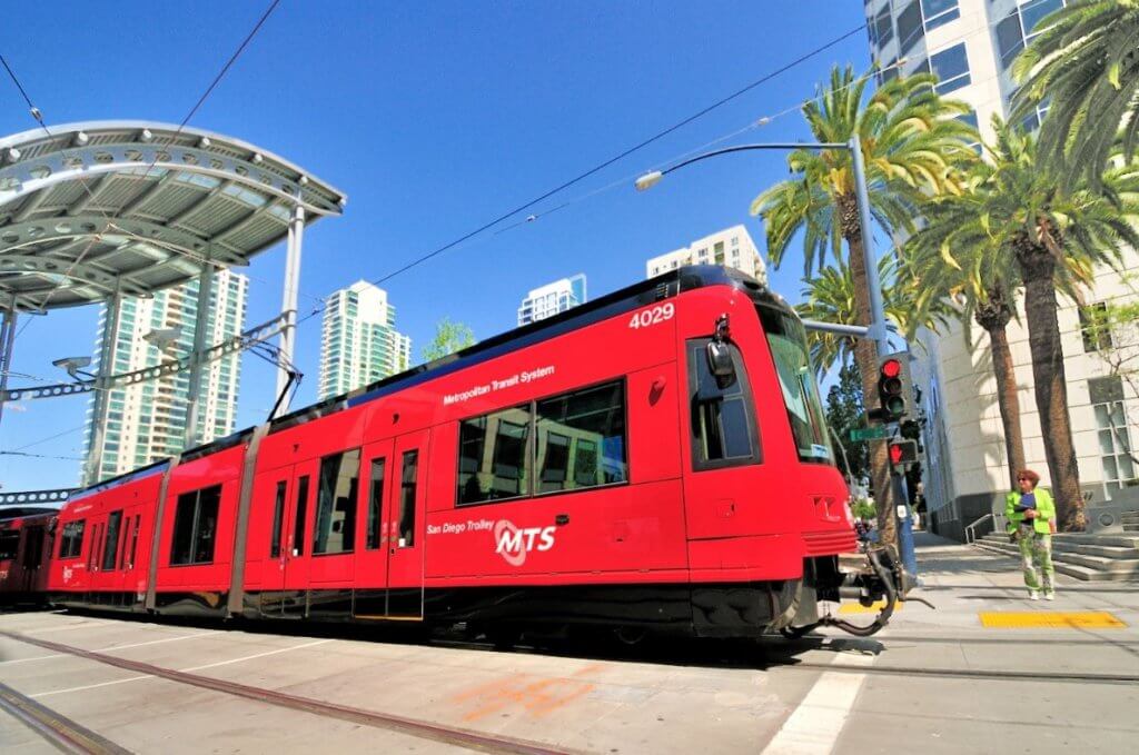 San Diego MTS trolley car in downtown San Diego