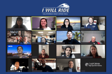 Screen shot of 15 participants during I Will Ride webinar, with I Will Ride California High-Speed Rail logo with train icon