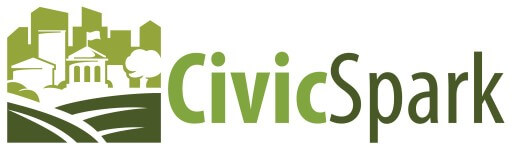 Logo with an image of a city skyline surrounded greenery and reads CivicSpark. 