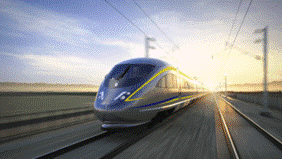 Image of a bullet train with the sun setting behind it 