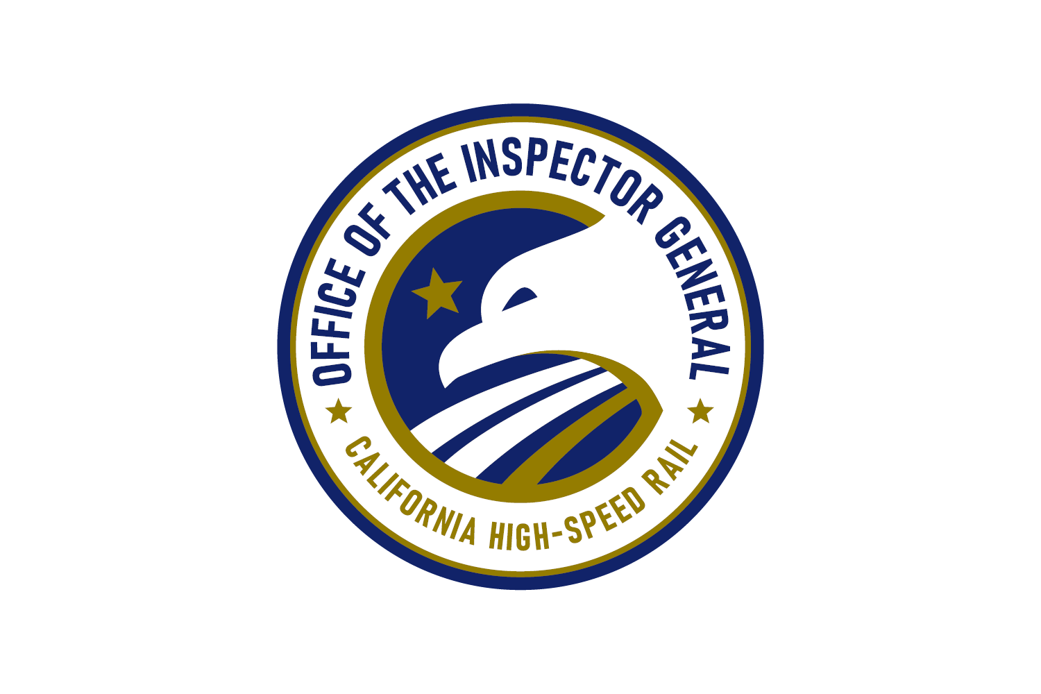 Circle seal of the Office of the Insepctor General California High-Speed Rail. The image is gold, blue, and white and depicts an eagle overlooking rail tracks.