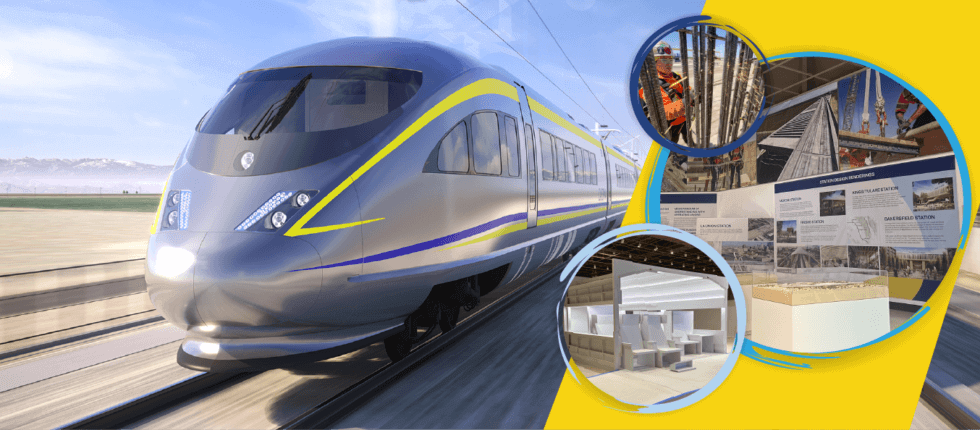 Image of a large high-speed rail train. Graphics on the same image show a woman working on a construction site, a life size train mockup and 3D station models under a glass case.