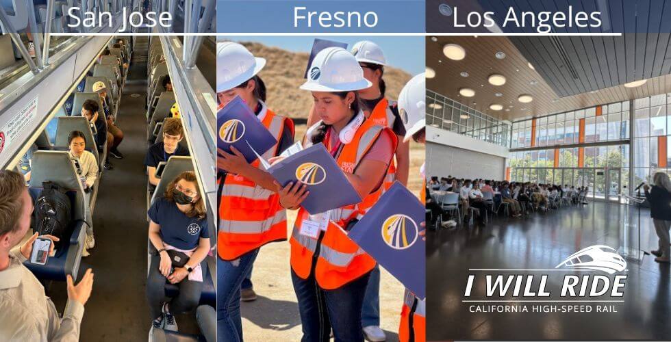 Three photos into one graphic. One photo are students on a train listen to someone speak., the middle photo is a young girl looking into a folder and last image is a women speaking to a large group. Text on the graphic reads San Jose, Fresno and Los Angeles. Graphic also has a logo with a train. 