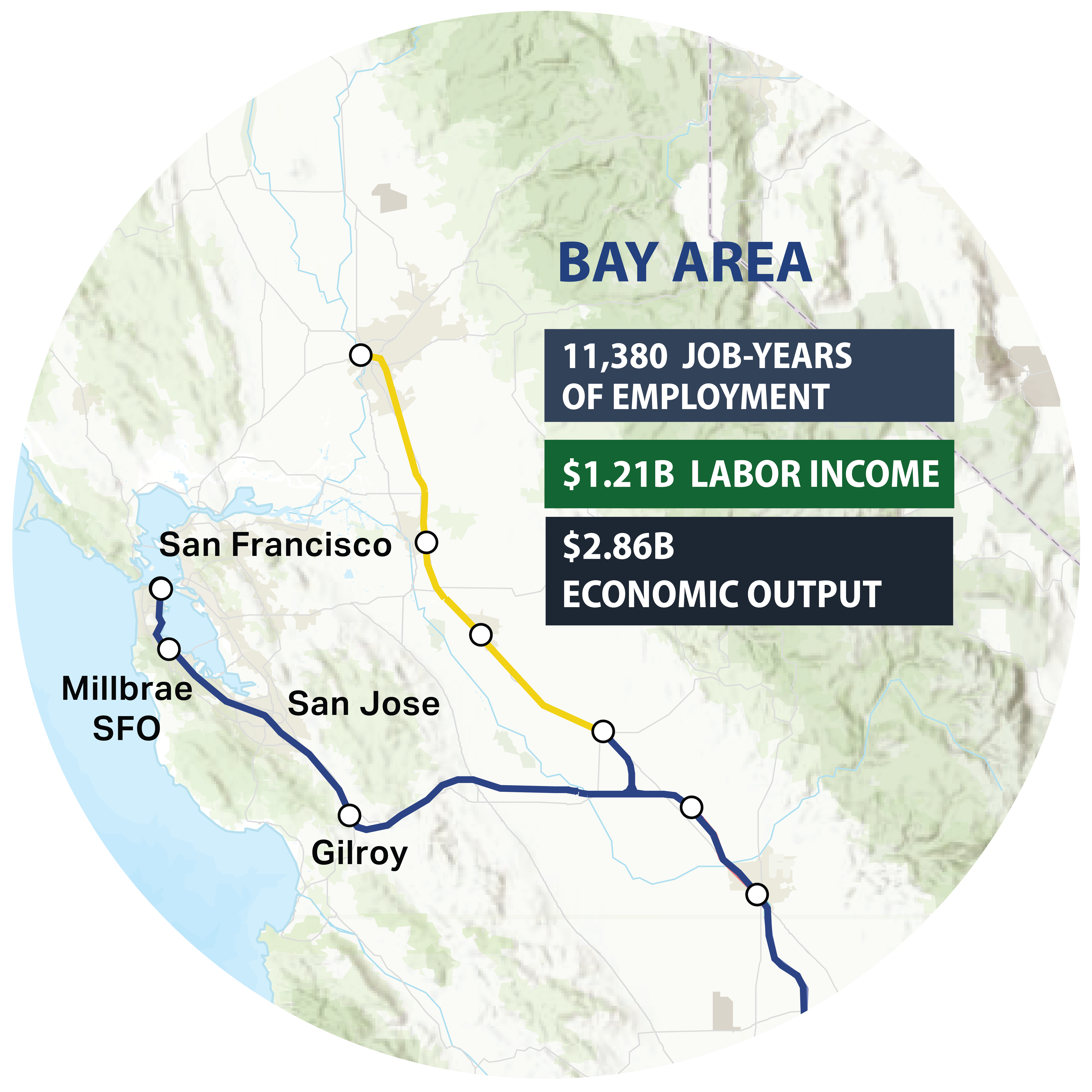 Map of Northern California showing the Phase 1 high-speed rail alignment in blue and the Phase 2 alignment in yellow. The text reads 